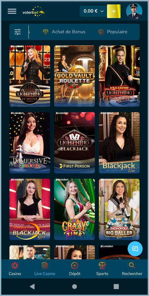 Toutes les tables en direct comme blackjack & roulette chez VolerBet