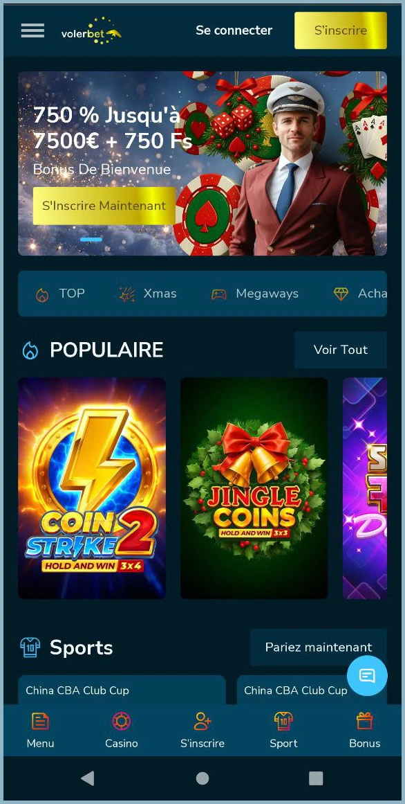 Aperçu compact des principales sections de VolerBet